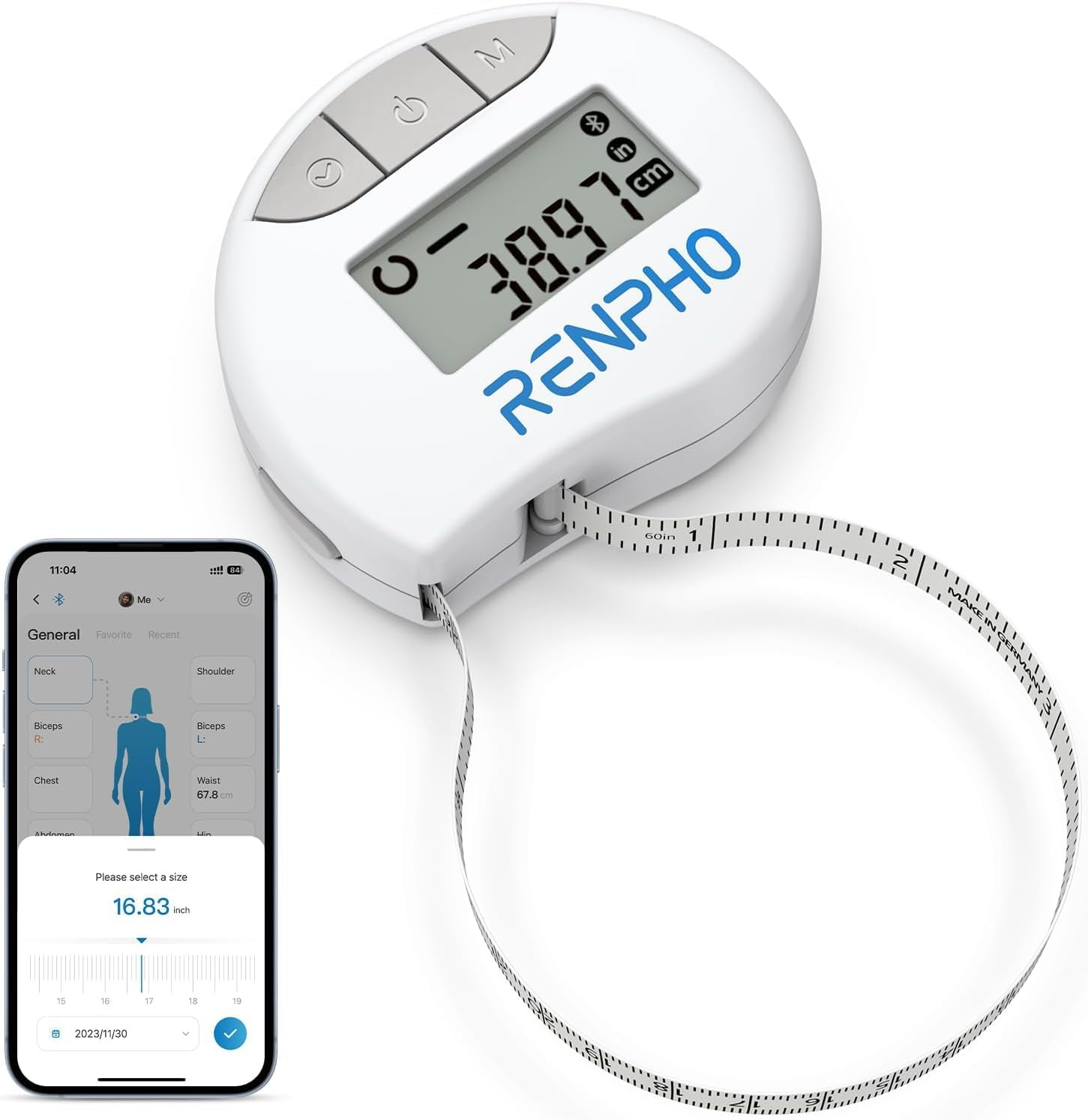 Mètre Ruban Rétractable et Connecté avec Application Bluetooth pour Mesure du Corps, Perte de Poids, Gain de Muscle, Remise en Forme et Musculation Pouces et Centimètres