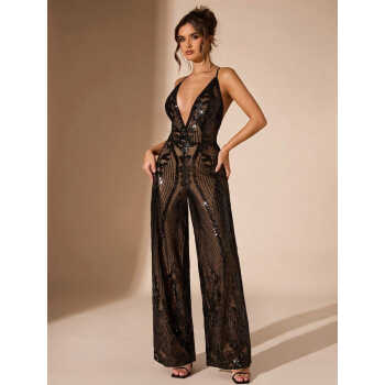 Combinaison à jambe large avec décolleté en V profond et sequins