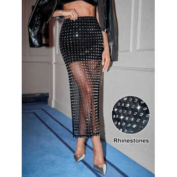 Jupe longue brillante à sequins pour femmes, jupe de fête ornée de strass
